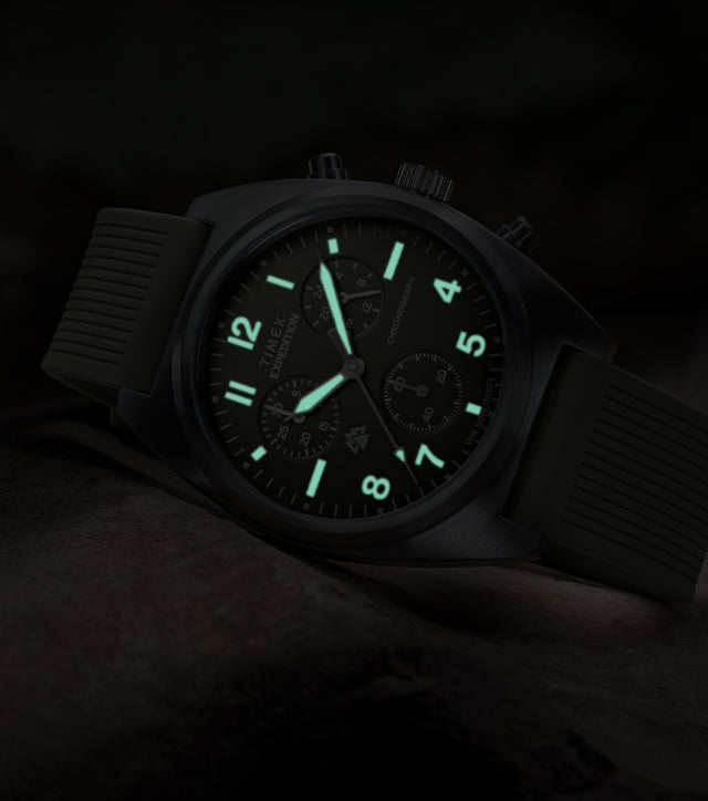 Timex Expedition Capstone Chronograph with glowing lume markers and hands in low light
