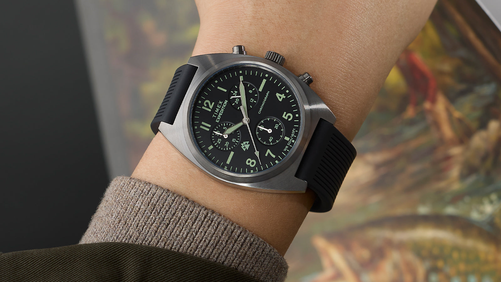 Timex Expedition Capstone Chronograph worn on wrist with stainless steel case and rubber strap