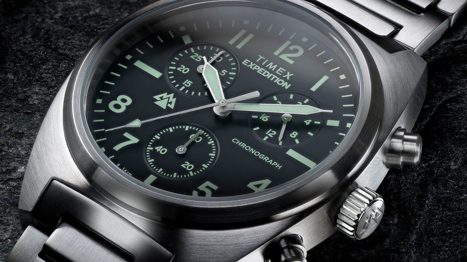 Close-up of Timex Expedition Capstone Chronograph black dial with subdials and luminous markers