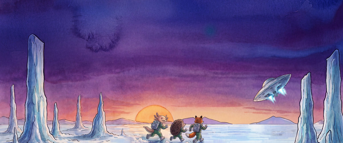 Escena de «Timex Tales» ilustrada en la que tres animales aventureros cruzan un paisaje helado al atardecer mientras una nave espacial sobrevuela el lugar.