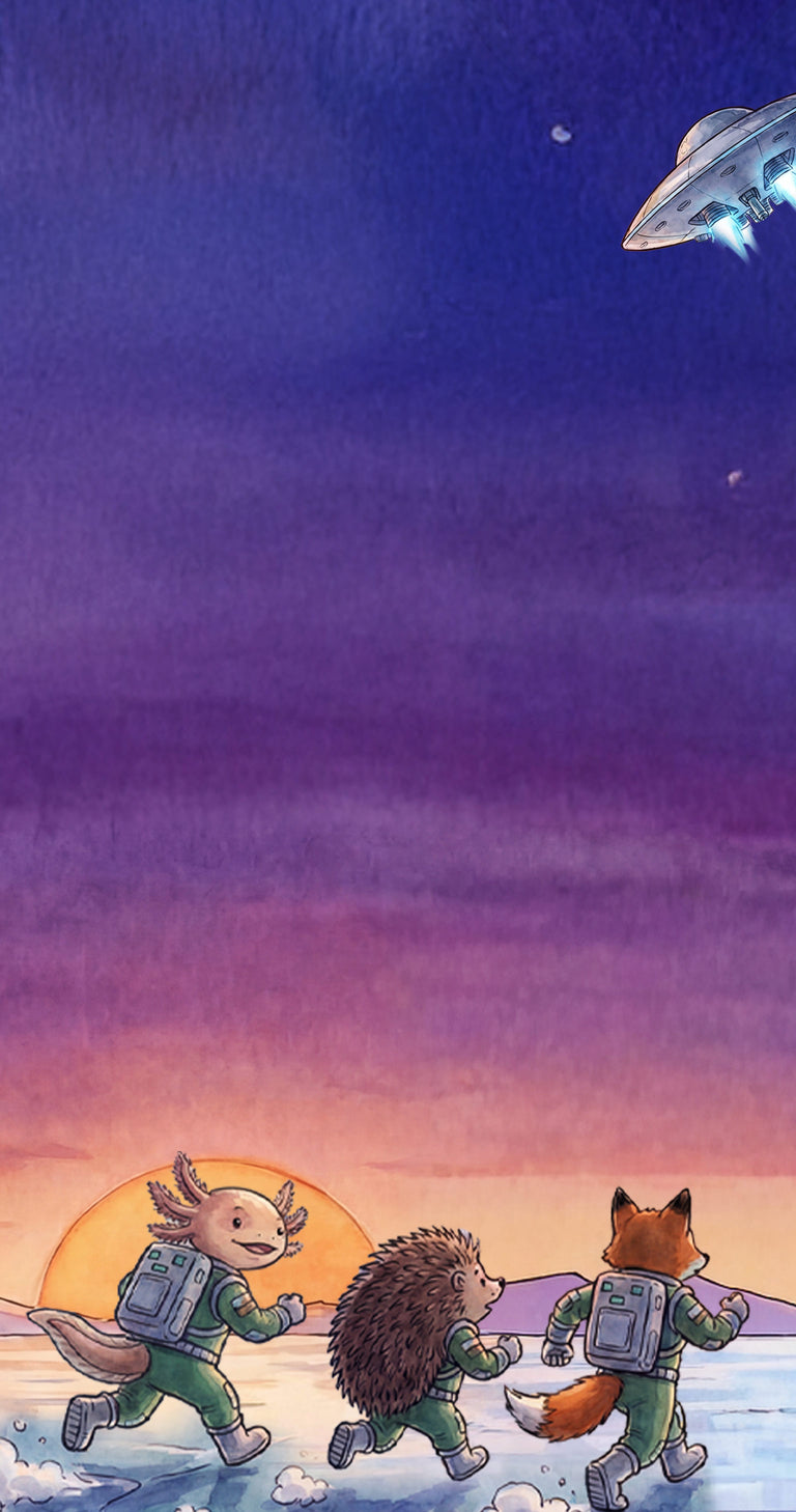 Escena de «Timex Tales» ilustrada en la que tres animales aventureros cruzan un paisaje helado al atardecer mientras una nave espacial sobrevuela el lugar.