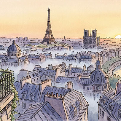 Vista panorámica ilustrada de París al atardecer, en la que se aprecian la Torre Eiffel, la catedral de Notre-Dame y los tejados de toda la ciudad.