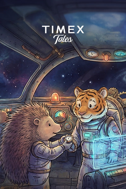Ilustración de «Timex Tales» en la que se ve a un erizo enseñándole un reloj de bolsillo a un tigre a bordo de una nave espacial rodeada de mandos luminosos.
