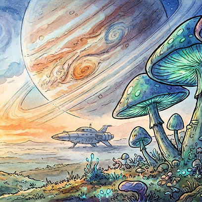 Paisaje extraterrestre ilustrado con setas gigantes luminosas, un planeta con anillos en lo alto y una nave espacial en reposo a lo lejos.