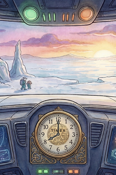 Vista desde el interior de una nave espacial en la que se ve a dos exploradores en un paisaje helado al atardecer, con un reloj analógico decorado en el panel de control.