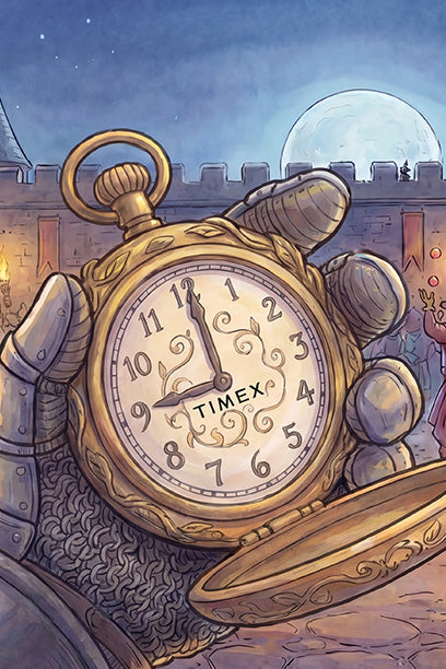 Ilustración de «Timex Tales» en la que aparece un caballero con armadura sosteniendo un reloj de bolsillo Timex de oro ornamentado bajo la luna llena.