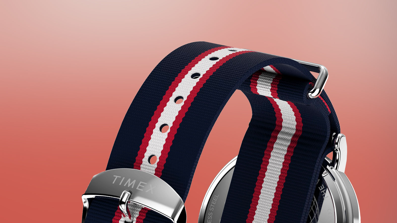 Detailed view of the Weekender America 250 striped fabric strap in red, white, and blue with a stainless-steel Timex buckle.