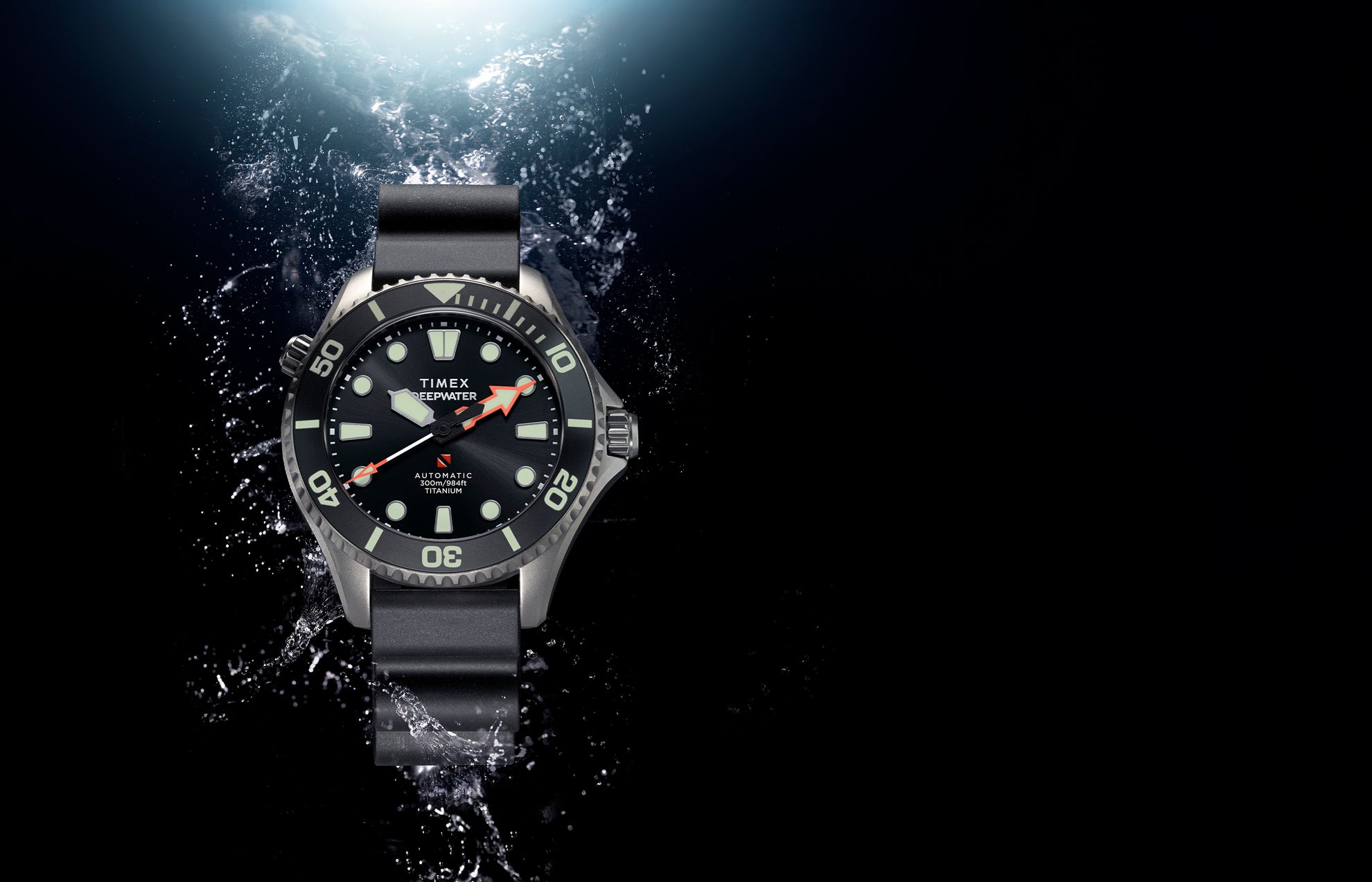 Timex Deepwater Meridian 300 Titanium HEV Automatic dive watch with black dial and luminous markers emerging from a dramatic underwater splash backdrop.