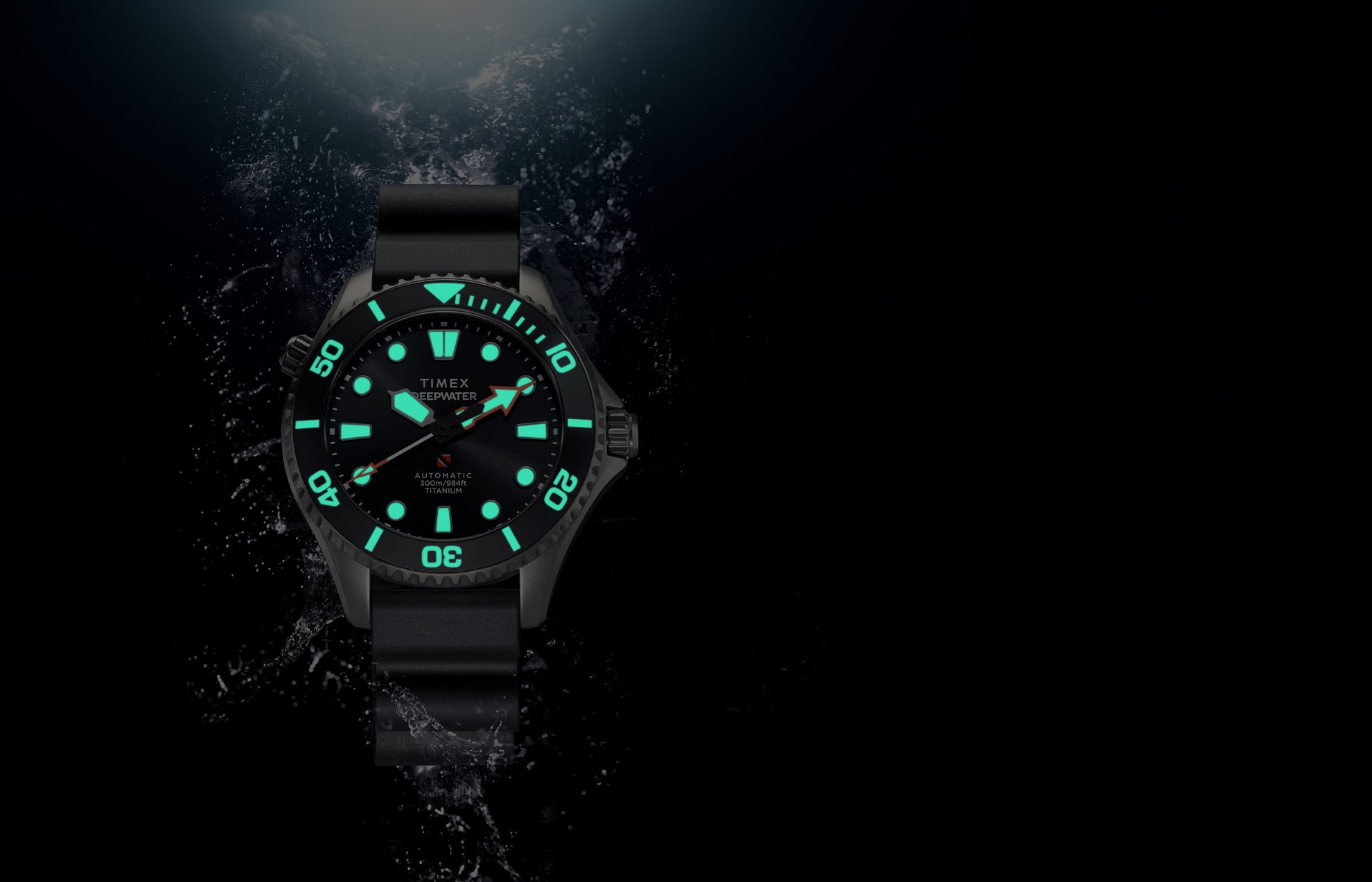 Timex Deepwater Meridian 300 Titanium HEV Automatic dive watch displaying bright blue-green Super-LumiNova illumination against a dark underwater-inspired background.