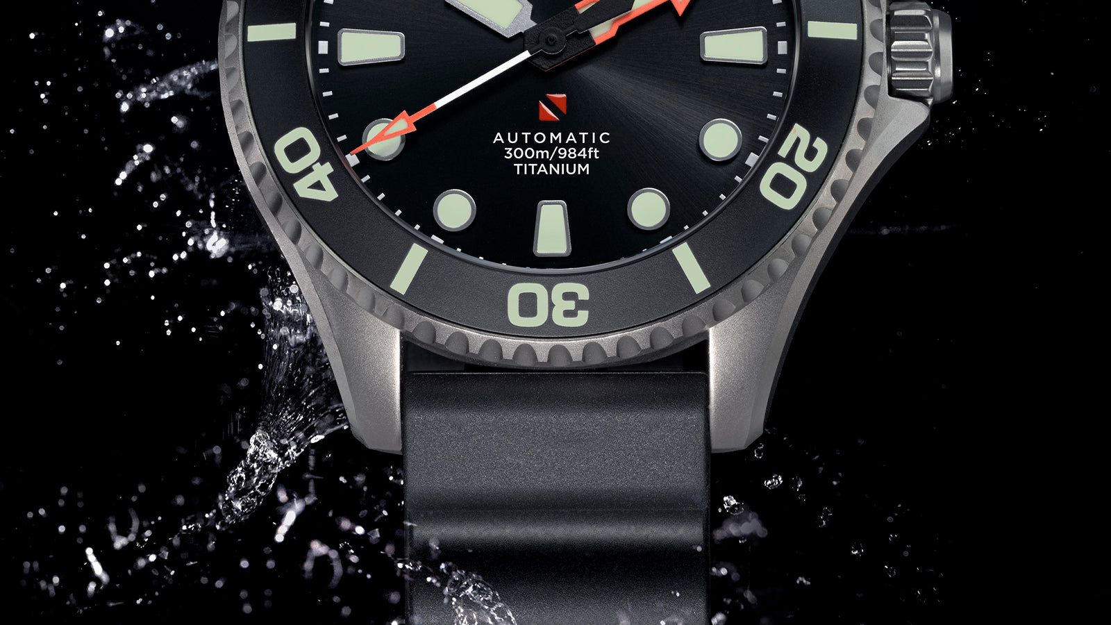 Close-up of the Timex Deepwater Meridian 300 Titanium HEV Automatic dial showing automatic movement designation, titanium construction, and luminous indices.