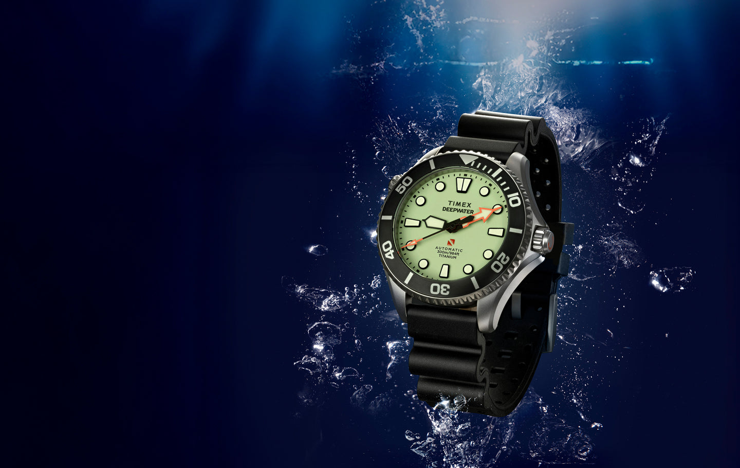 Timex Deepwater Meridian 300 Titanium HEV Automatic dive watch with a luminous dial and black rubber strap against an underwater background.