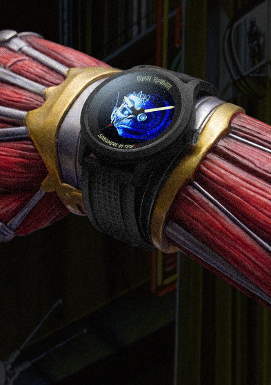 The Timex x Iron Maiden 1986 Tribute watch worn on Eddie’s cybernetic arm in a futuristic sci-fi environment inspired by the “Somewhere in Time” album artwork.