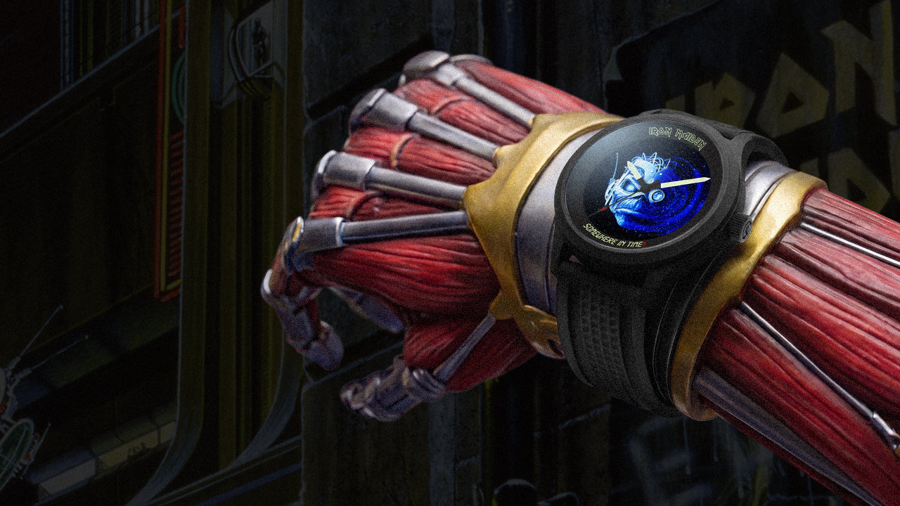 The Timex x Iron Maiden 1986 Tribute watch worn on Eddie’s cybernetic arm in a futuristic sci-fi environment inspired by the “Somewhere in Time” album artwork.