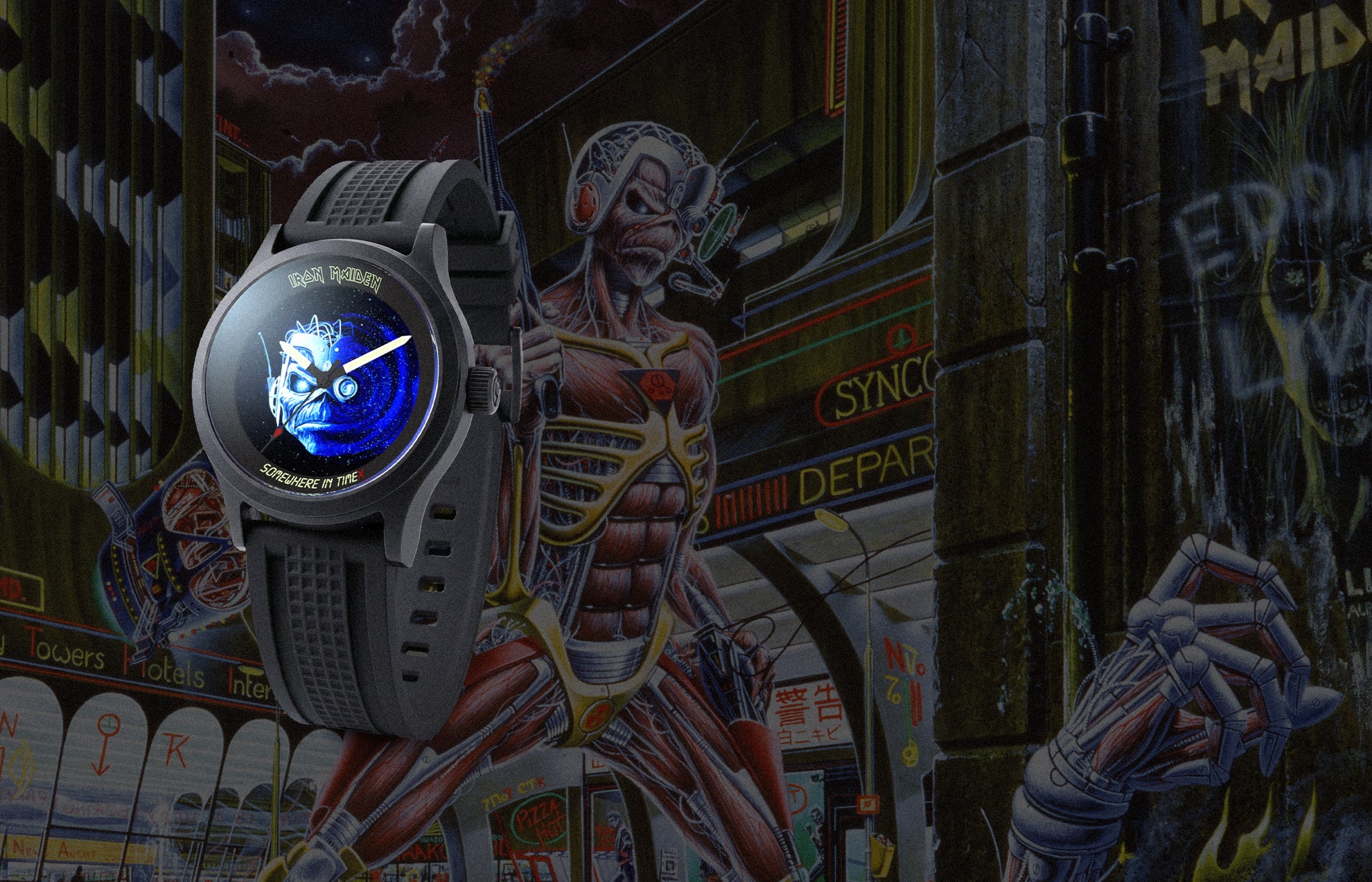 Timex x Iron Maiden 1986 Tribute watch floating in a cyberpunk cityscape inspired by “Somewhere in Time,” featuring Eddie in the background and a glowing blue galaxy-style dial graphic.