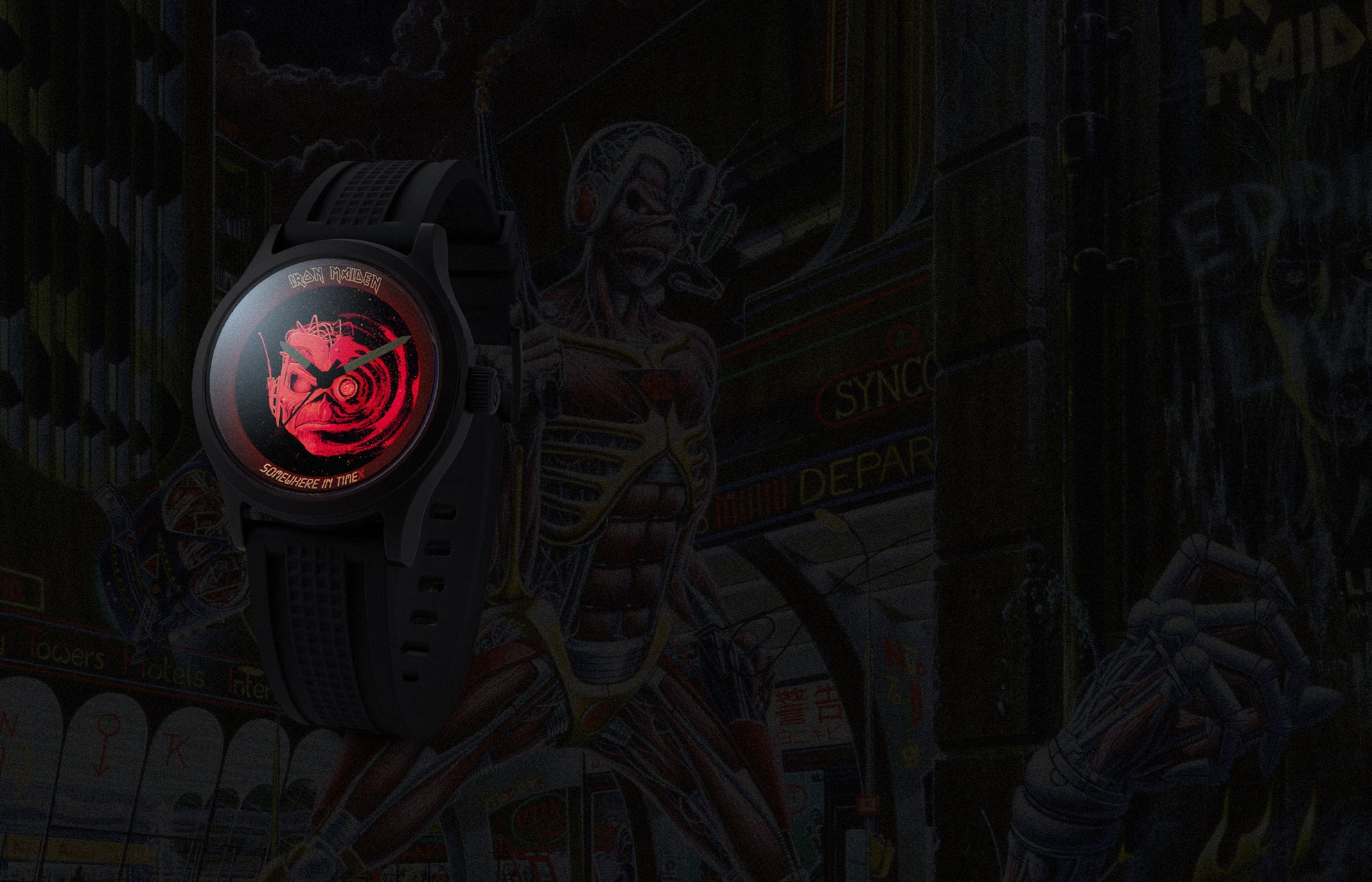 Dark promotional image of the Timex x Iron Maiden 1986 Tribute watch with a glowing red Eddie dial design set against a futuristic dystopian city backdrop.