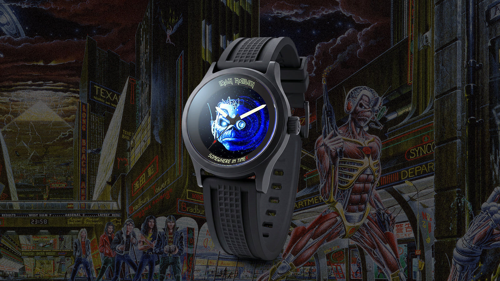 Wide campaign artwork showing the Timex x Iron Maiden tribute watch centered over “Somewhere in Time”-inspired futuristic city art with Iron Maiden band members visible in the lower left corner.