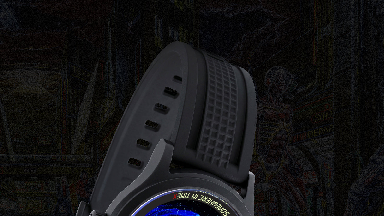 Rear angled view of the Timex x Iron Maiden tribute watch highlighting the textured black silicone strap against a dark futuristic background.