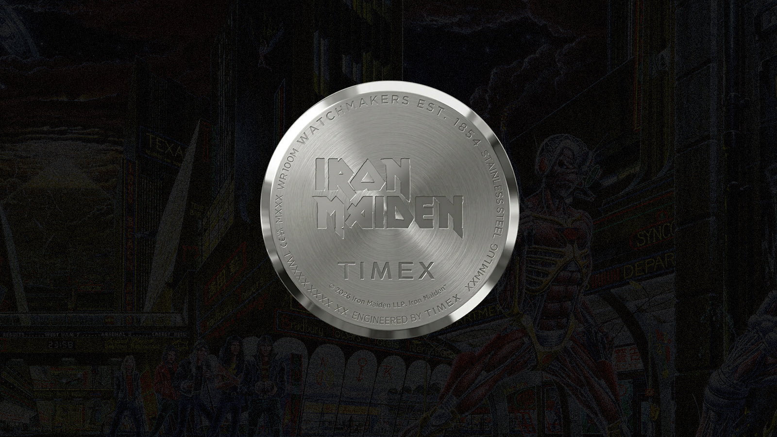 Engraved stainless steel caseback of the Timex x Iron Maiden tribute watch featuring Iron Maiden and Timex logos with commemorative branding details.