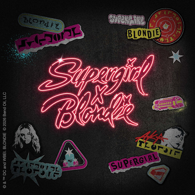 Neon-style “Supergirl x Blondie” logo surrounded by punk-inspired sticker graphics, including Blondie portraits, Supergirl symbols, and colorful collage elements on a dark textured background.