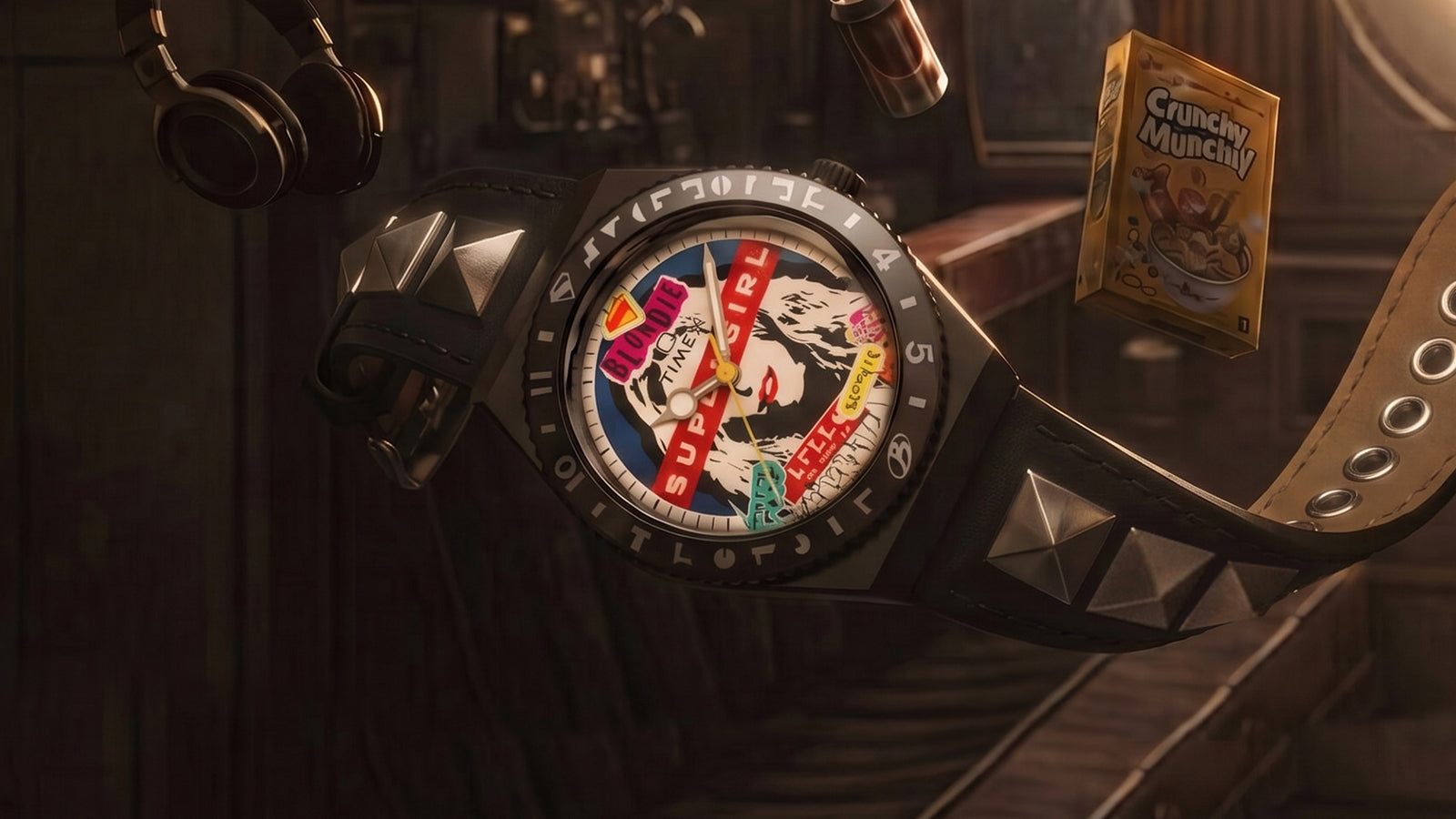 Detailed close-up of the Supergirl x Blondie Q Timex watch face, showcasing the Blondie portrait dial, layered sticker-inspired artwork, and custom bezel markings inspired by Kryptonian-style symbols.