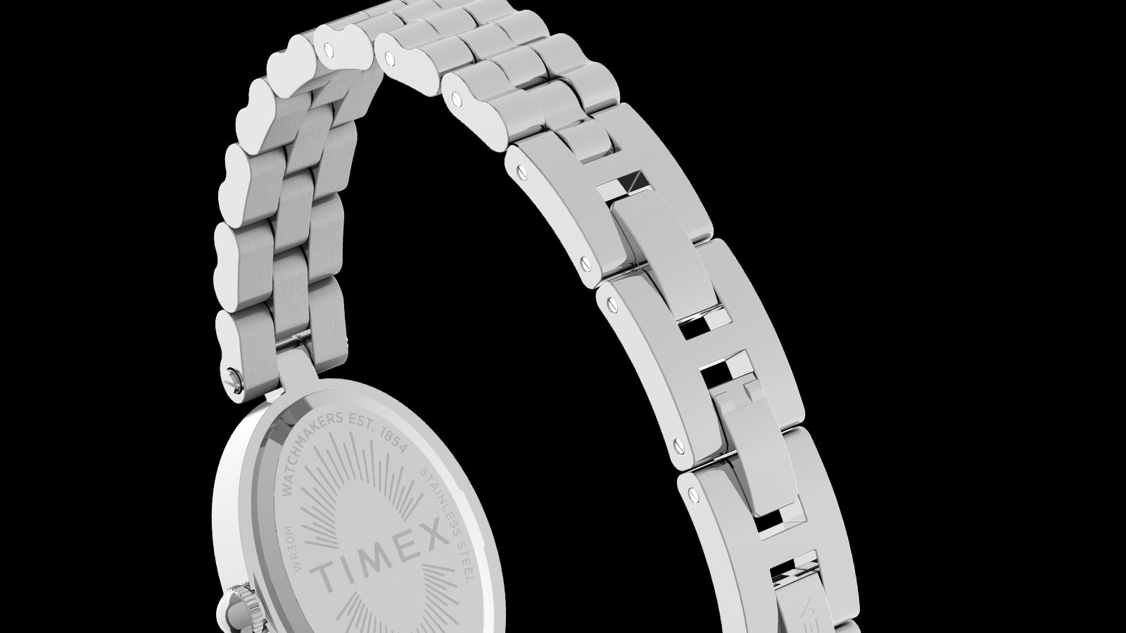 Primer plano del brazalete de acero inoxidable del Timex Cavatina® Luxe, en el que se aprecian el cierre de estilo joyero y los eslabones pulidos.