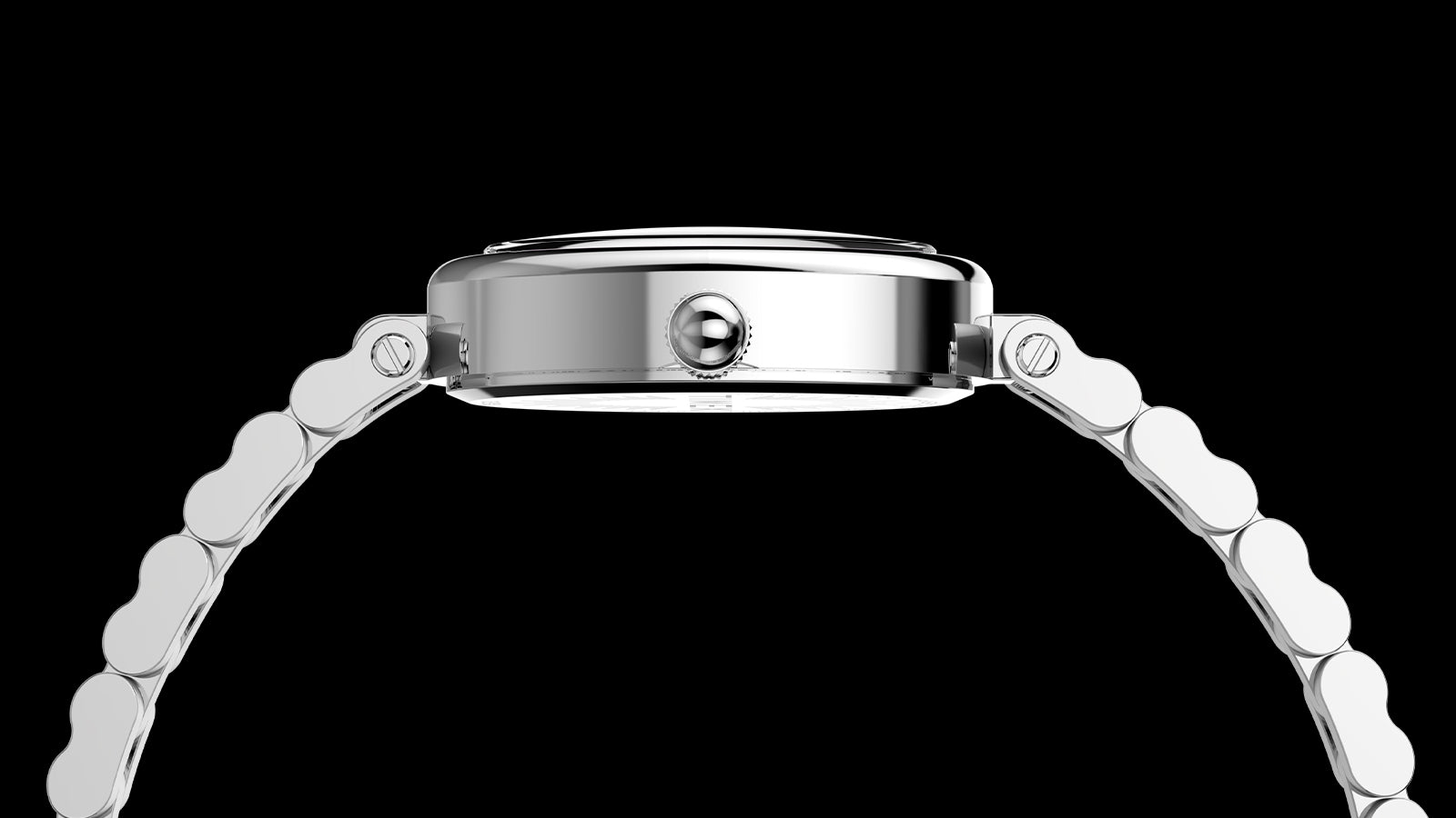 Perfil lateral del Timex Cavatina® Luxe, en el que destacan la caja ovalada, fina y pulida, y la corona.