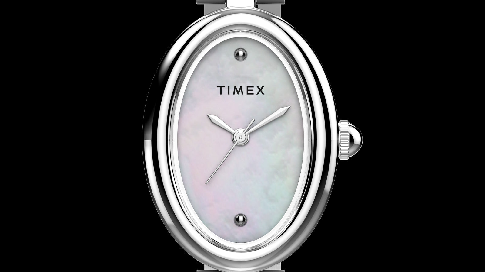 Vista frontal del Timex Cavatina® Luxe, con una caja ovalada pulida en tono plateado, esfera de nácar, agujas minimalistas y brazalete de acero inoxidable.