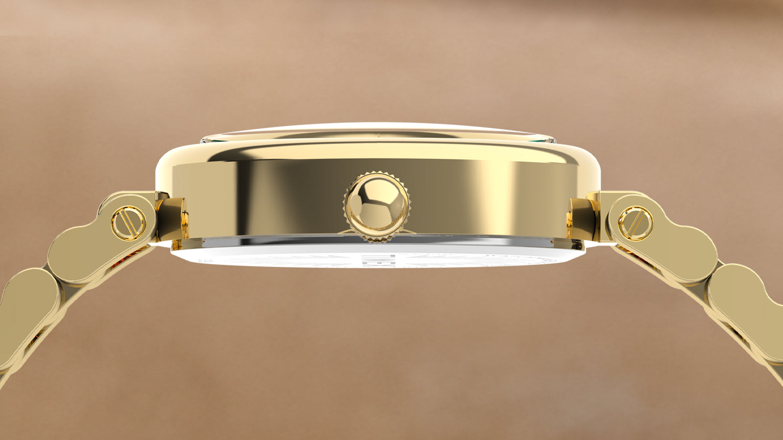 Side profile of the Timex Cavatina® Luxe highlighting the slim polished gold-tone oval case and crown.