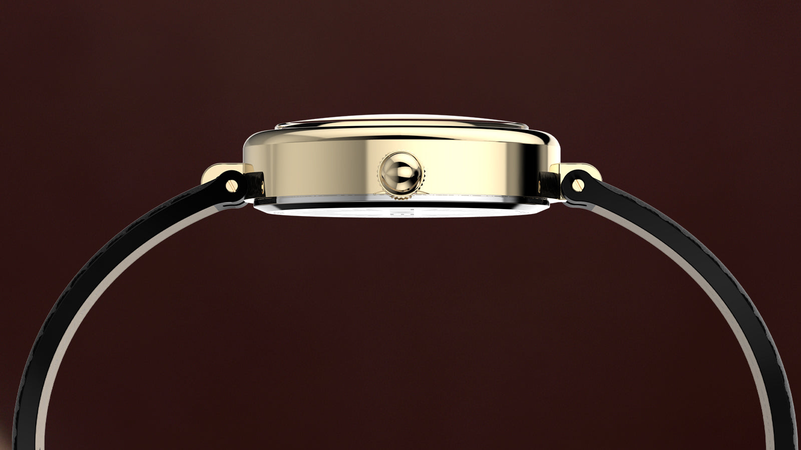 Perfil lateral del Timex Cavatina® Luxe, en el que destacan la delgada caja ovalada pulida en tono dorado, la corona y la correa de piel negra.