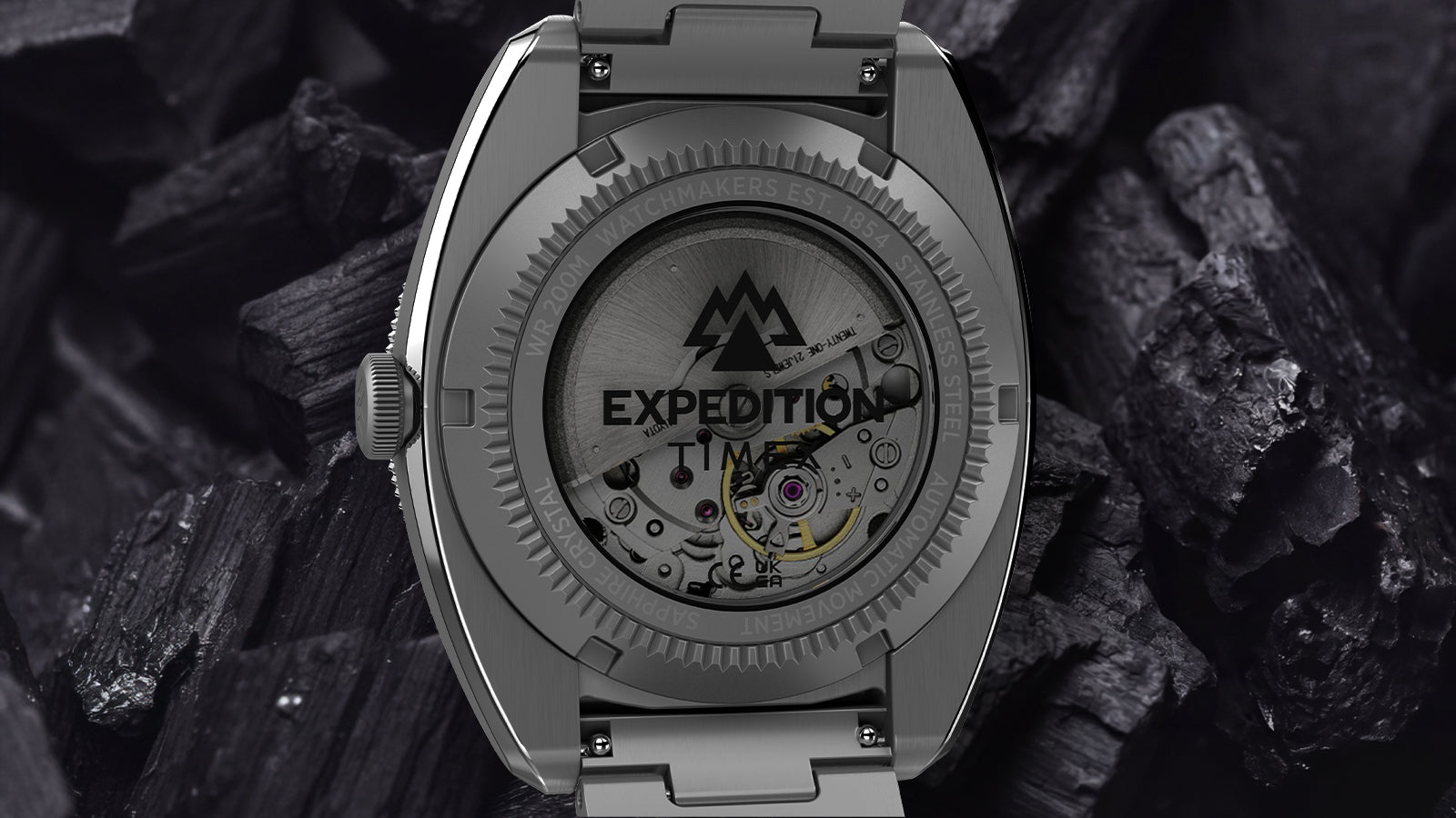 Caseback of the Timex Expedition Pioneer Automatic showing the automatic movement through a transparent exhibition window.