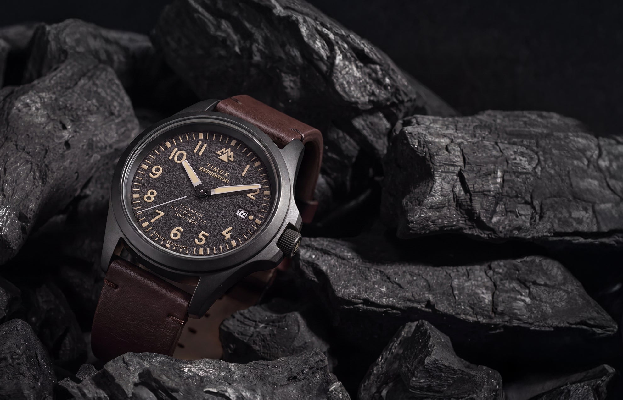 Expedition® Field Post Automatic titanium watch with a black dial and brown leather strap displayed among charcoal rocks.
