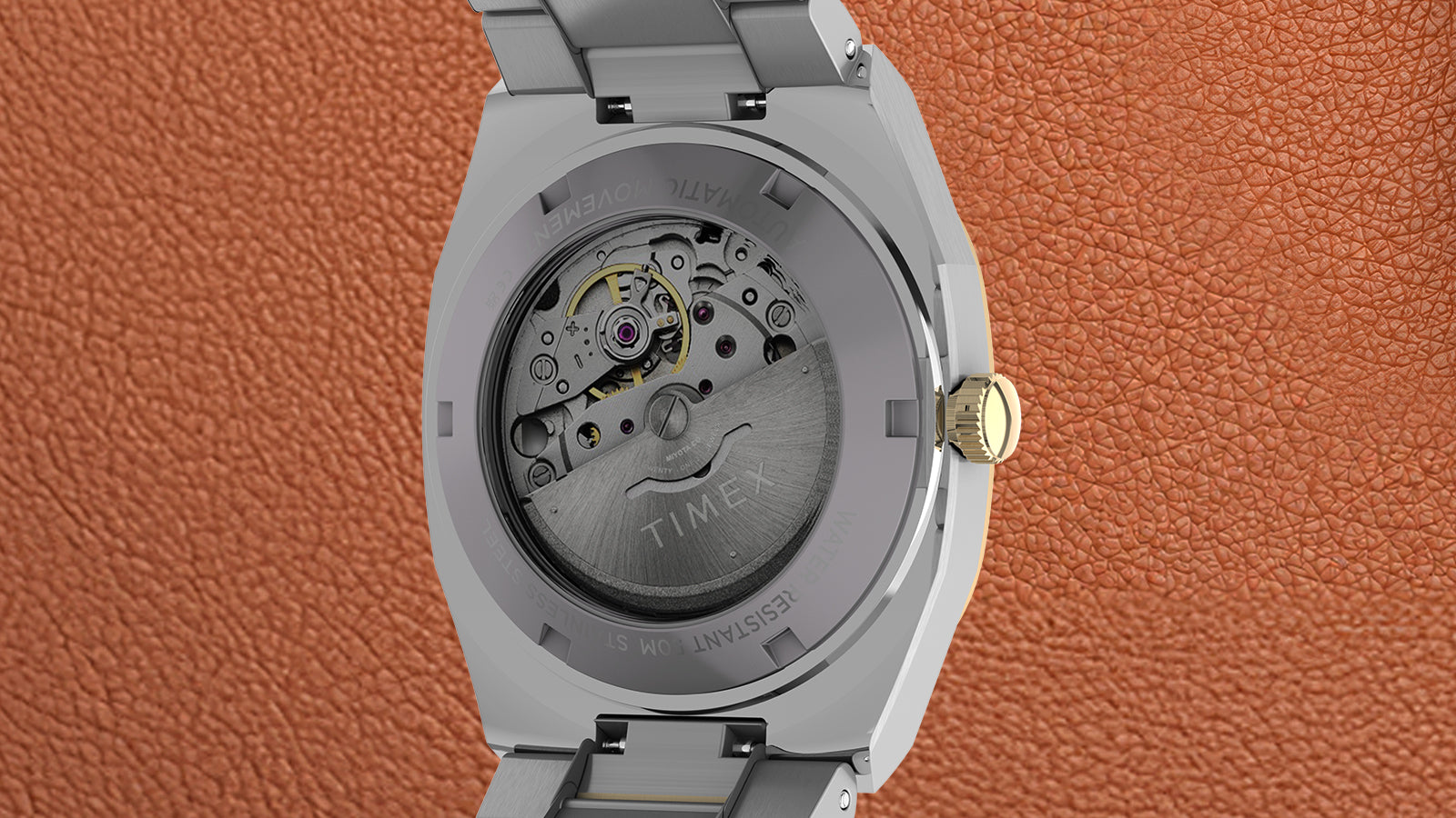 Caseback of the Timex® Automatic E Line watch revealing its automatic movement through a transparent window.