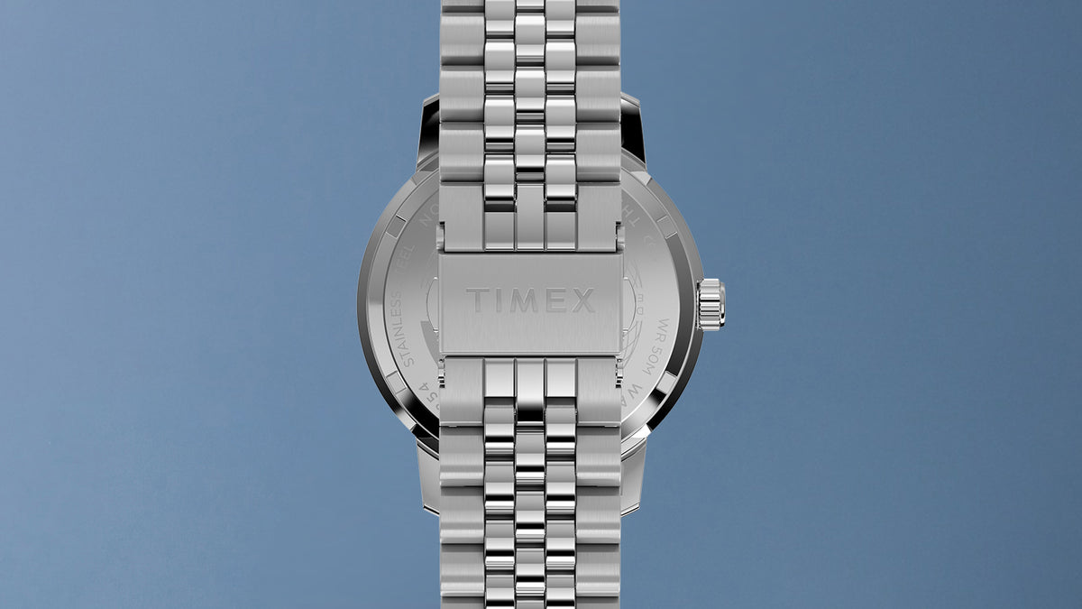 Rear view of the Marlin® Quartz GMT showing its stainless-steel case back and bracelet clasp.