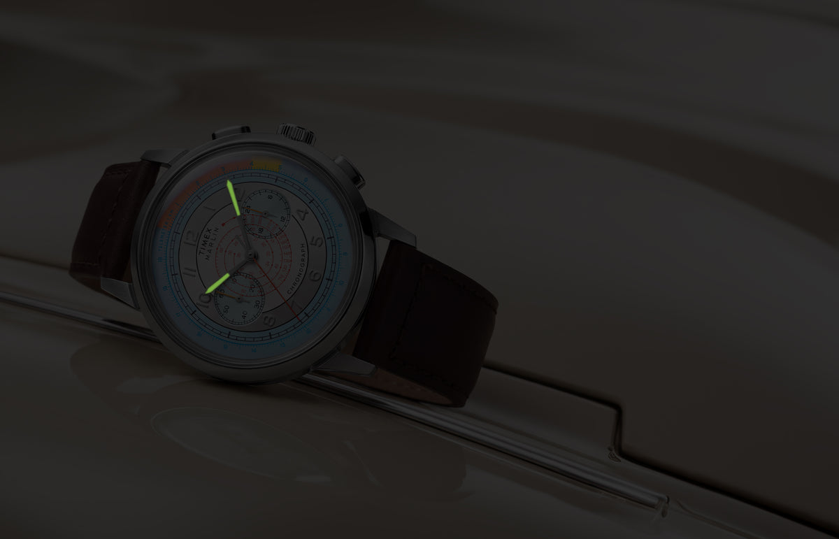 Marlin® Neo Classic Chronograph in low light with green luminous hour and minute hands.