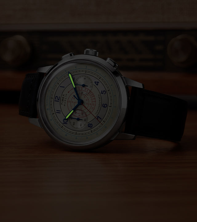 Marlin® Neo Classic Chronograph in low light with green luminous hour and minute hands.