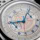 Close-up of the Marlin® Neo Classic Chronograph with a cream multiscale dial and blue Arabic numerals.