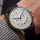 Marlin® Neo Classic Chronograph with a cream multiscale dial and black leather strap worn on a wrist.