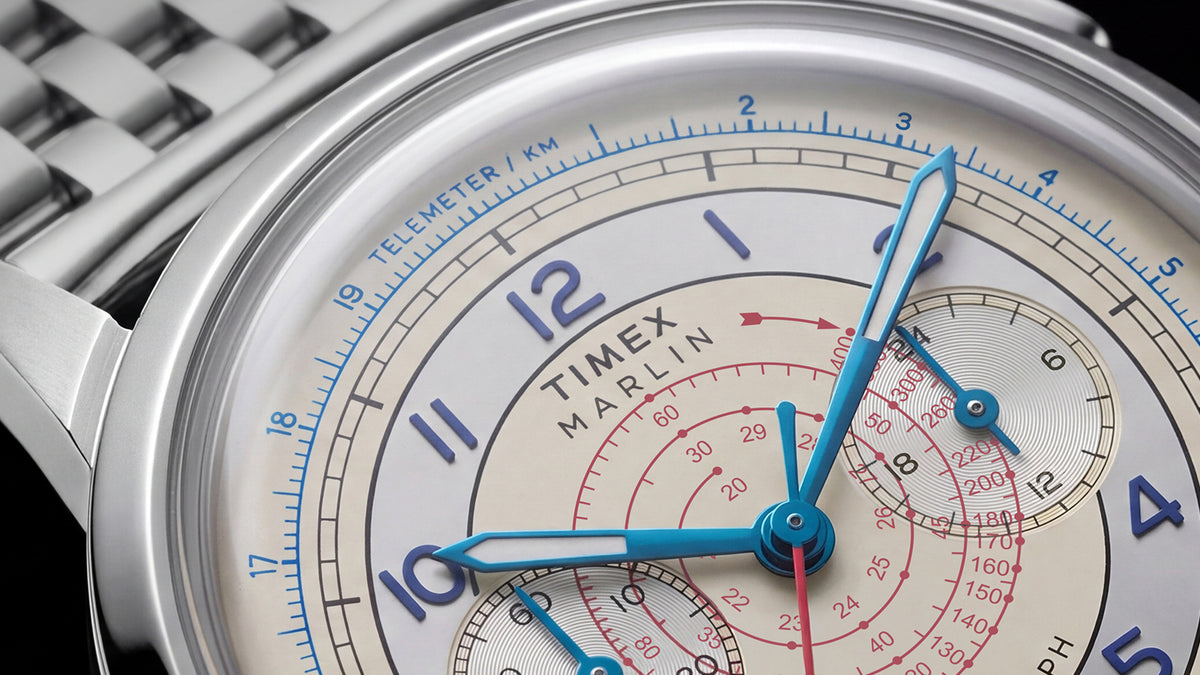 Close-up of the Marlin® Neo Classic Chronograph dial, highlighting blue hands, red scales, and chronograph subdials.