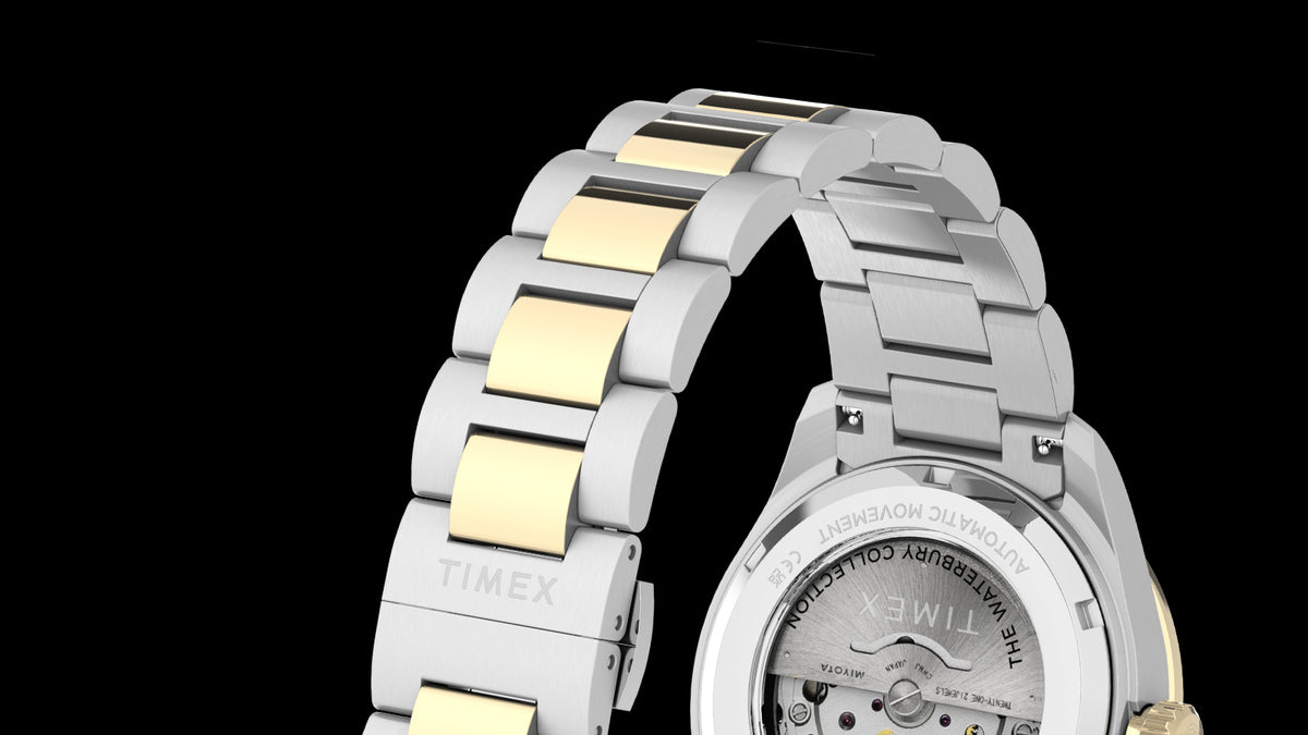 Rear view of the Waterbury Heritage Automatic, highlighting its two-tone bracelet and exhibition case back.