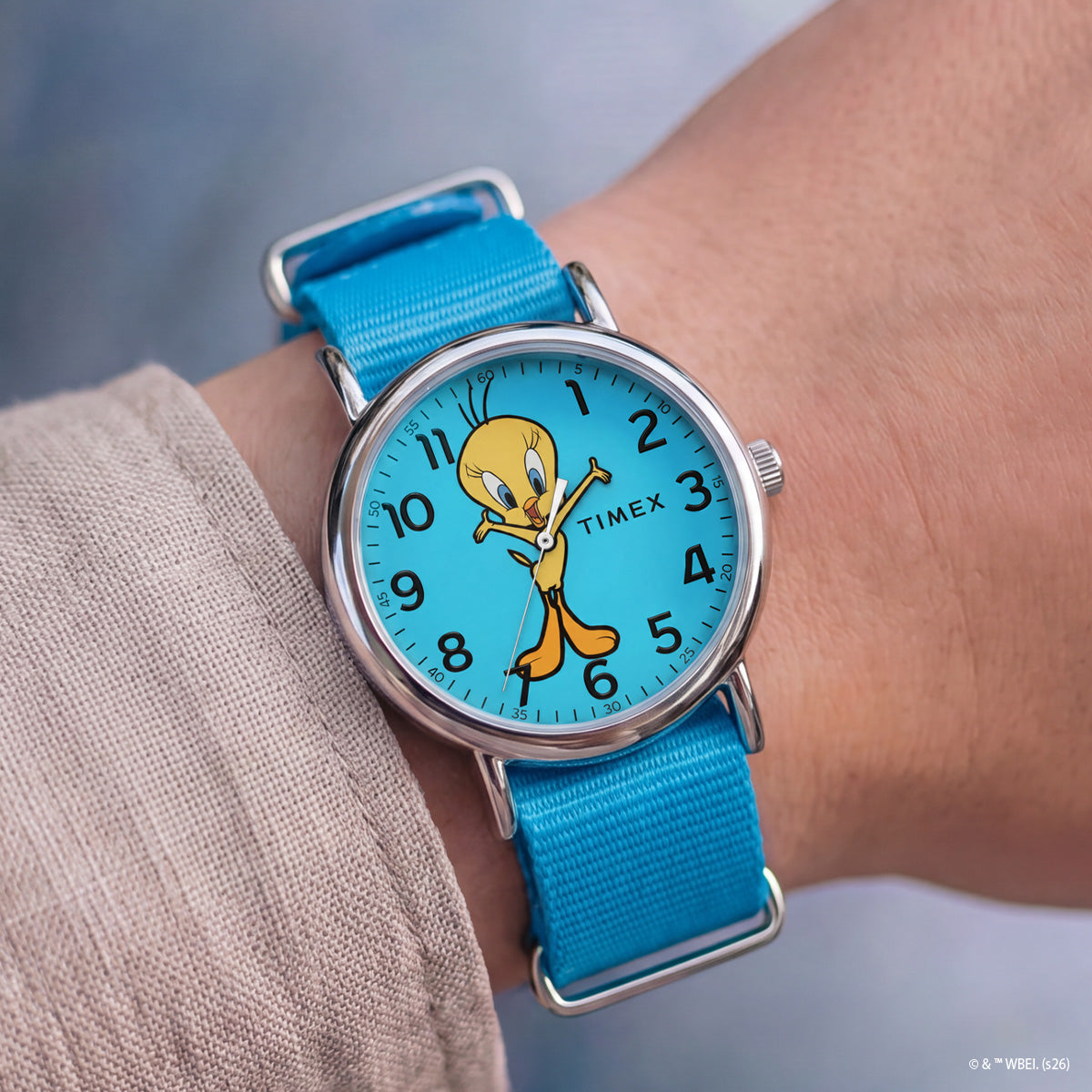 TW2Y99500 Tweety Bird x Timex Weekender watch worn on a wrist, featuring a blue character dial, silver-tone case, and blue fabric strap.