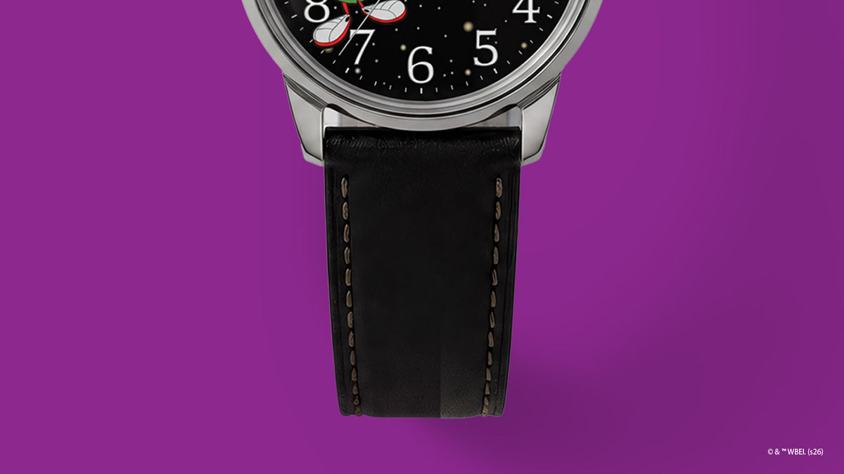 TW2Y99300 Close-up of the black leather strap with contrasting tan stitching on the Marvin the Martian x Timex Easy Reader® watch.