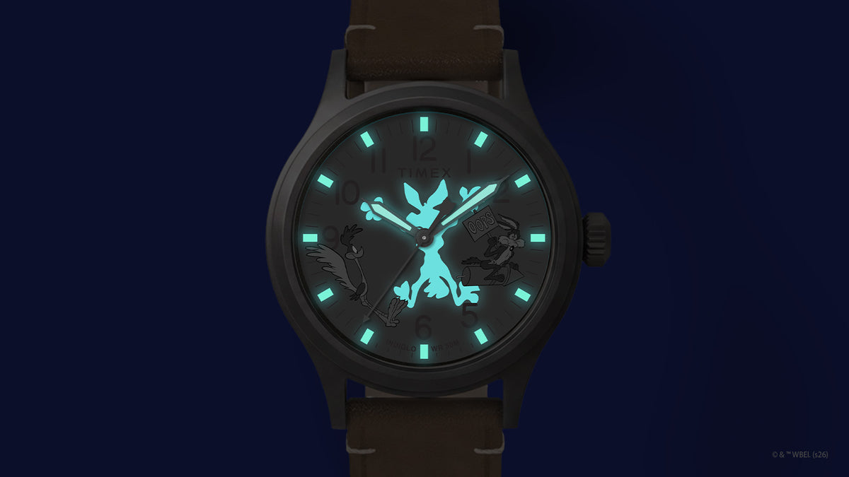 Reloj TW2Y99400 de Road Runner y el Coyote, con una silueta oculta del coyote, agujas e índices que brillan en color turquesa en la oscuridad.