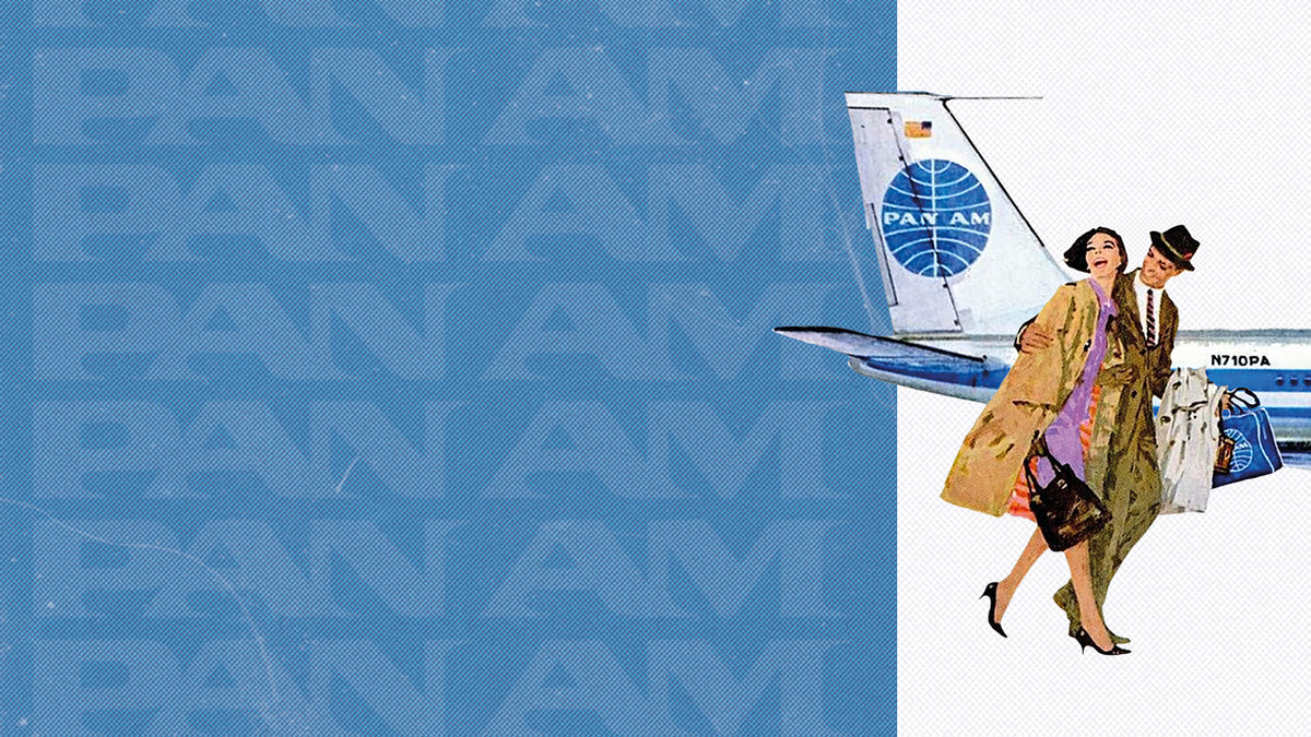 TW2Y94300 Vintage-style illustration of travelers walking beside a Pan Am airplane against a blue-and-white background.