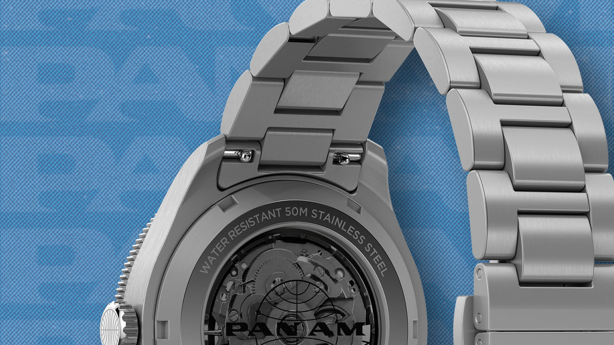 TW2Y94300 Rear view of the watch showing its stainless-steel bracelet and exhibition case back with Pan Am branding.