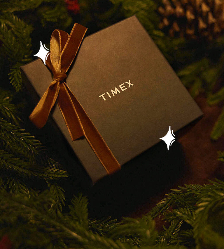 Caja de regalo de Timex atada con una cinta dorada, rodeada de ramas de árboles de hoja perenne y piñas.