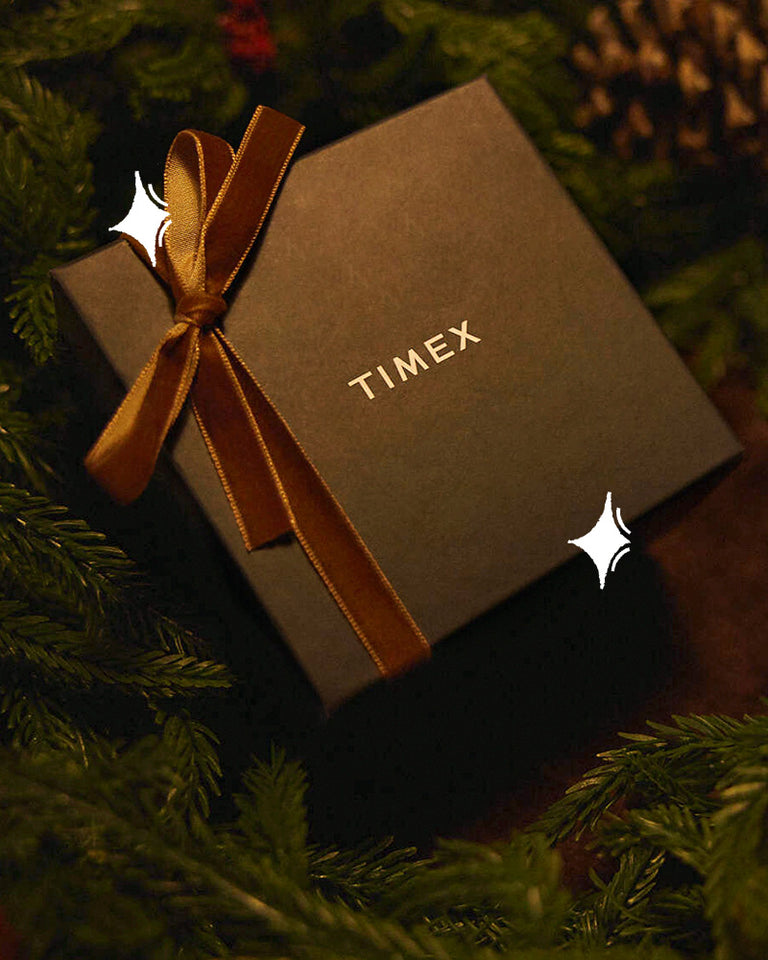 Caja de regalo de Timex atada con una cinta dorada, rodeada de ramas de árboles de hoja perenne y piñas.