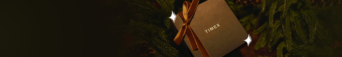 Regalos por menos de 250 dólares: caja de regalo de Timex atada con una cinta dorada entre ramas de árbol de hoja perenne, adornada con brillantitos blancos.