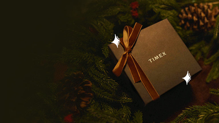 Regalos por menos de 250 dólares: caja de regalo de Timex atada con una cinta dorada entre ramas de árbol de hoja perenne, adornada con brillantitos blancos.