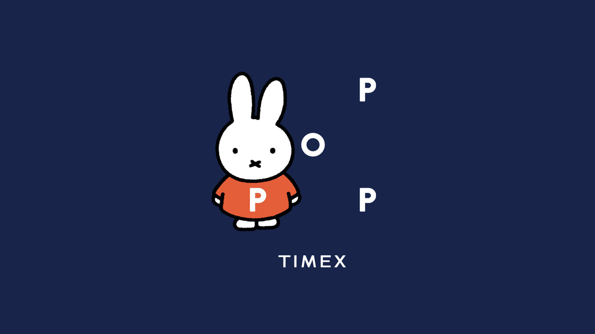 TW6A31000 Miffy wearing an orange P shirt beside POP lettering, with the Timex logo below on a navy background.