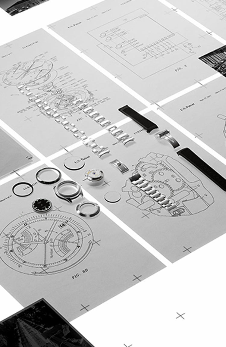 Timex watch design workspace featuring patent documents, technical watch schematics, archival photographs, and disassembled watch components displayed on a light table to showcase innovation and craftsmanship.